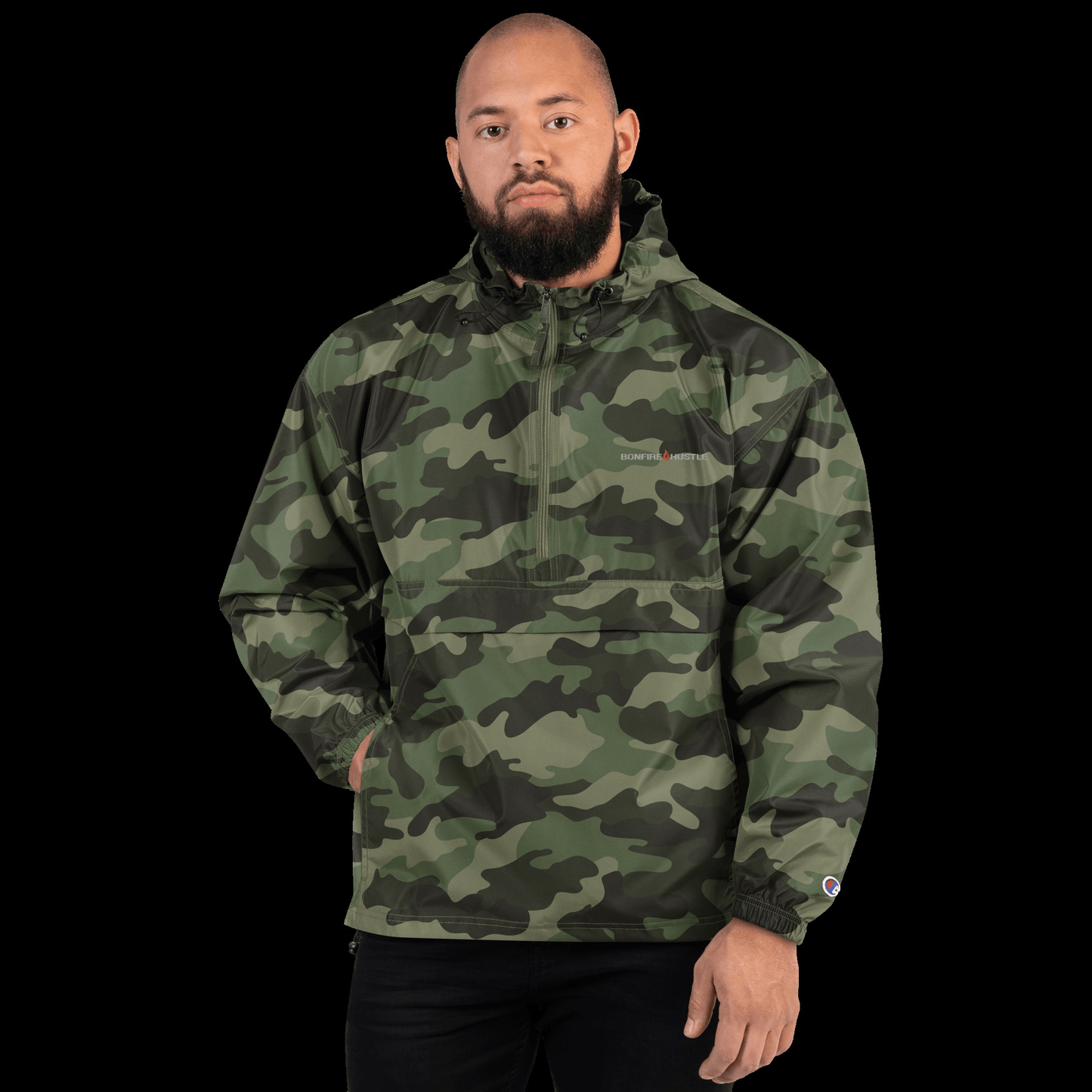 Embroidered Champion Packable Camo Jacket - Bonfire Hustle