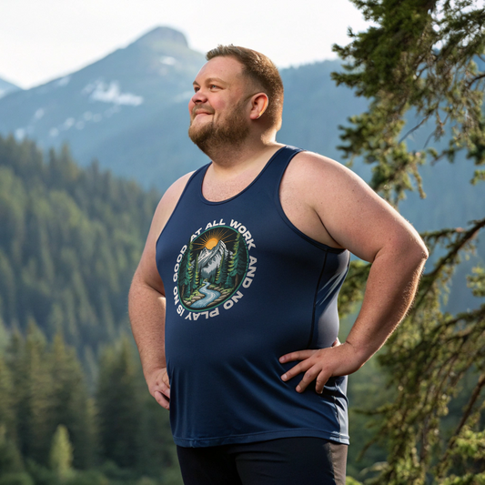 All Work = No Play | Bonfire Hustle Premium Navy Tank Top – Outdoor Adventure Graphic