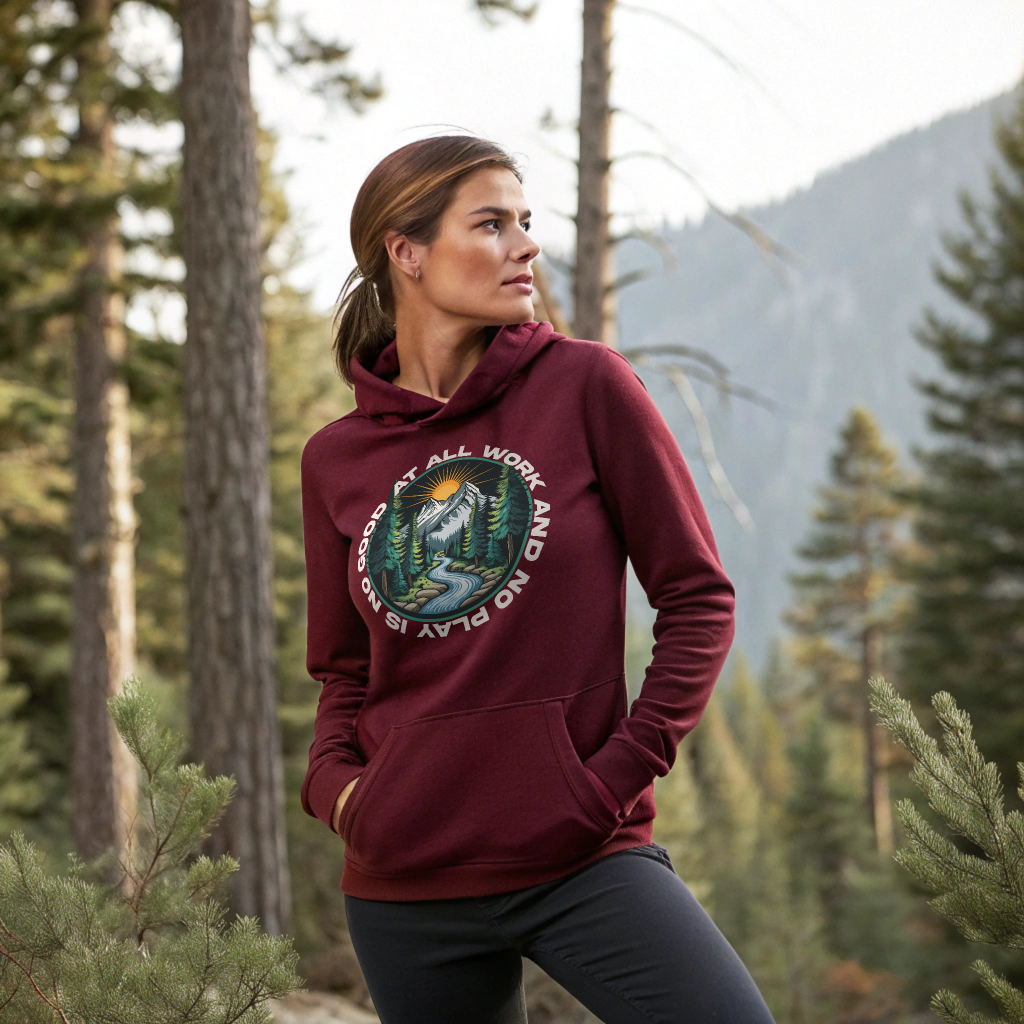 All Work = No Play | Bonfire Hustle Maroon Cotton Heritage Hoodie – Adventure & Outdoors Graphic